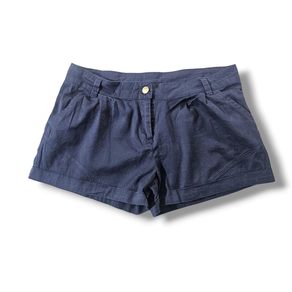 FCQ Shorts Size Medium Navy Blue Cuffed Bottom Ultra Low Rise Belt Pockets